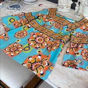 Trina Turk Turquoise Floral Print Top with Multicolor Accents